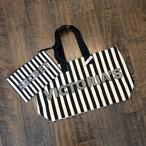 NWT Victoria's Secret Black and White Striped Tote Bag And Clutch